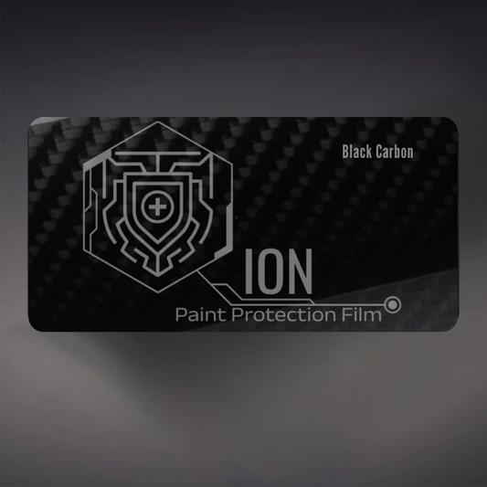 ION Paint Protection Film card with black carbon design on a dark background