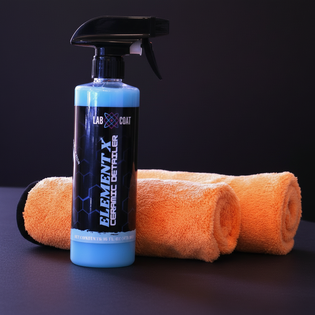 Spray bottle labeled 'Element X Ceramic Detailer with orange towels on a dark background